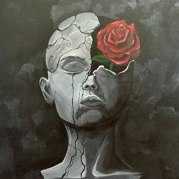 Hosna Saif, Hope in Bloom 2025 Acrylic Painting of Black and white cracking head with red rose popping out